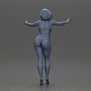 Woman with short black hair wearing pink swimsuit raising arms - Only-Games