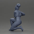 Fashionable woman kneeling in red jacket, green pants, and black boots - Only-Games