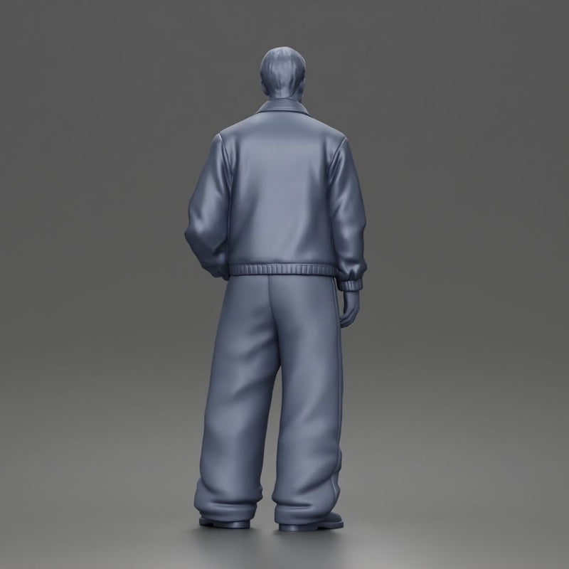 Standing In Leather Jacket Button Shirt Loose Trousers And Shoes