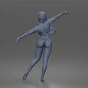 Woman dances balancing wearing crop top jacket bikini bottoms barefoot - Only-Games