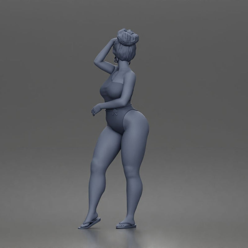 Standing woman shields eyes wearing swimsuit sunglasses earrings flip flops