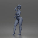 Standing woman shields eyes wearing swimsuit sunglasses earrings flip flops