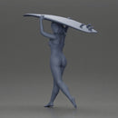 woman in yellow swimsuit carrying a red surfboard on her shoulders - Only-Games