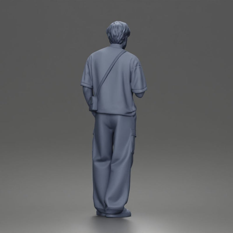 Casual Coffee Drinker Posing with Shoulder Bag Cargo Pants Sneakers