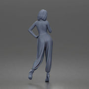 Woman poses thoughtfully lifting heel wearing halter jumpsuit with platform heels - Only-Games