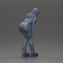 woman skating forward in pink shorts white top and purple skates - Only-Games