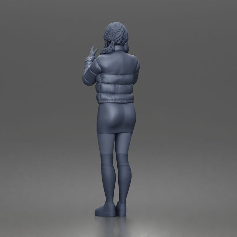 woman In Puffer Jacket With Mini Skirt Thigh-Highs And Boots