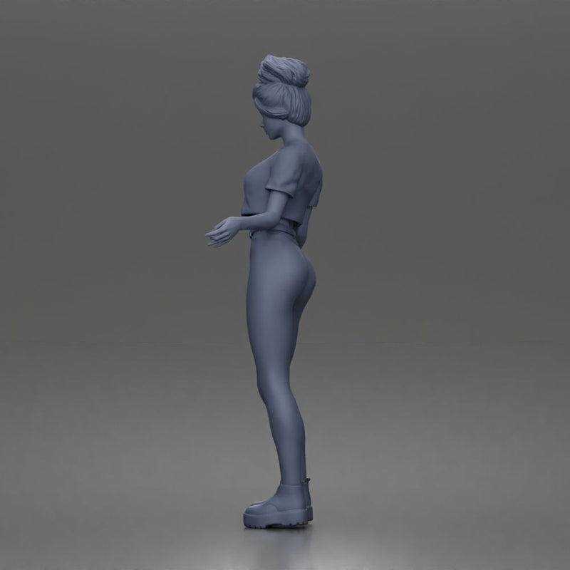 Casual young woman character standing pose in t-shirt jeans boots outfit - Only-Games