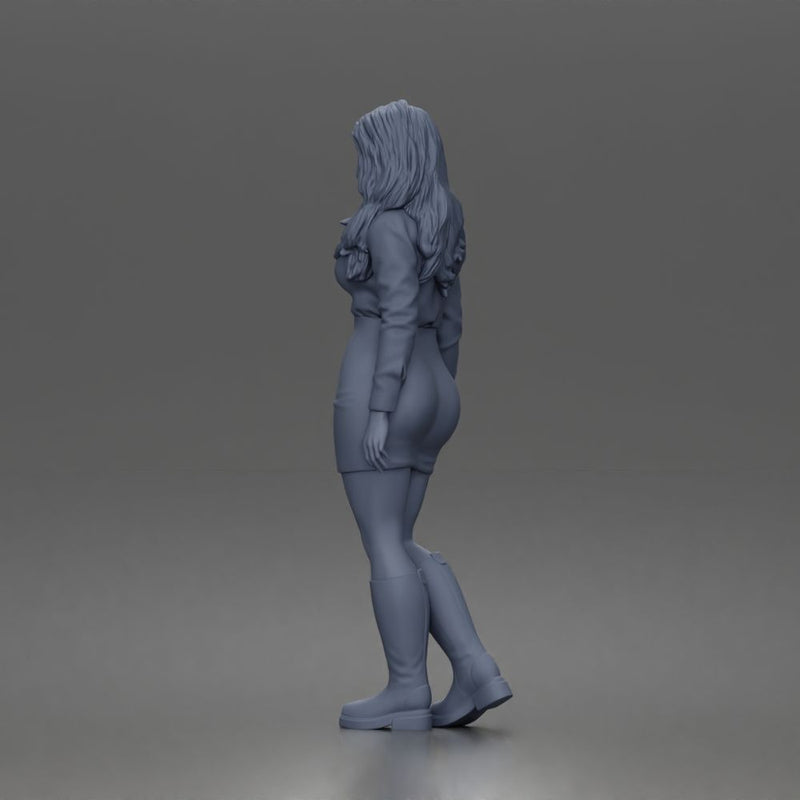 Standing Woman In Collared Shirt Mini Skirt Knee High Boots - Only-Games