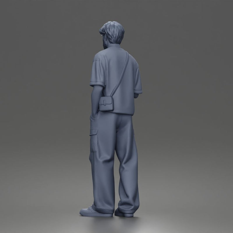 Casual Coffee Drinker Posing with Shoulder Bag Cargo Pants Sneakers