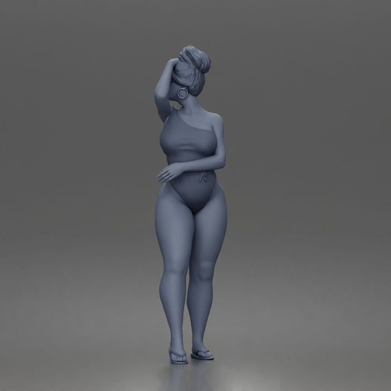 Standing woman shields eyes wearing swimsuit sunglasses earrings flip flops