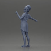 Woman in pink dress dancing joyfully with raised arms sideways - Only-Games