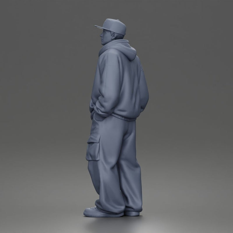 Relaxed Hooded Cap Poser Standing in Cargo Pants and Sneakers