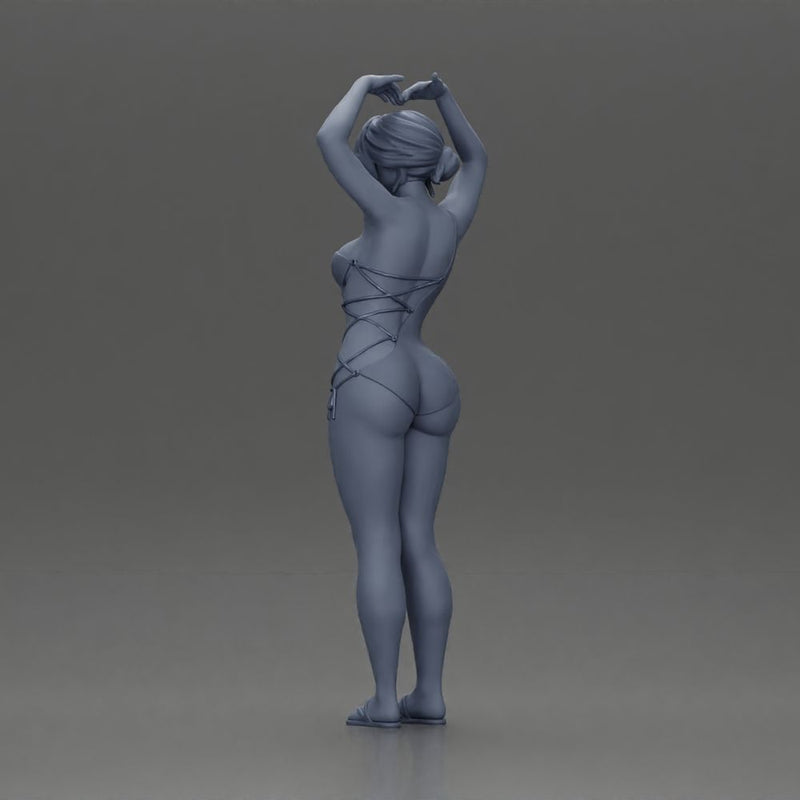 Brunette woman in turquoise swimsuit stretching with elegant ballet pose - Only-Games