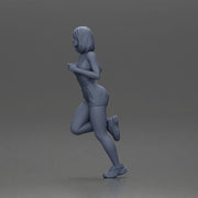 Woman with short hair wearing white top and yellow shorts running - Only-Games