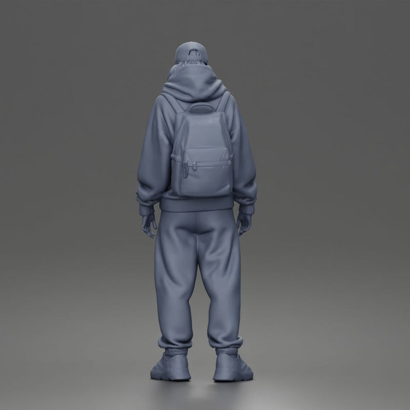 Chill Hooded Cap Walker Posing with Backpack Pants and Sneakers