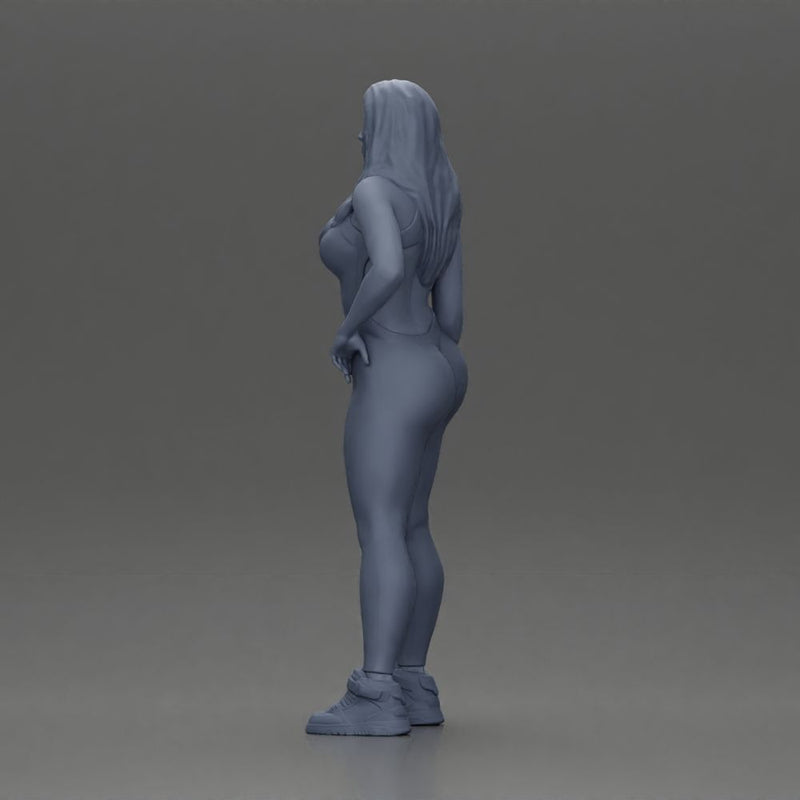 woman in red bodysuit striking a fashionable pose with sneakers - Only-Games