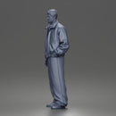 Standing In Leather Jacket Button Shirt Loose Trousers And Shoes