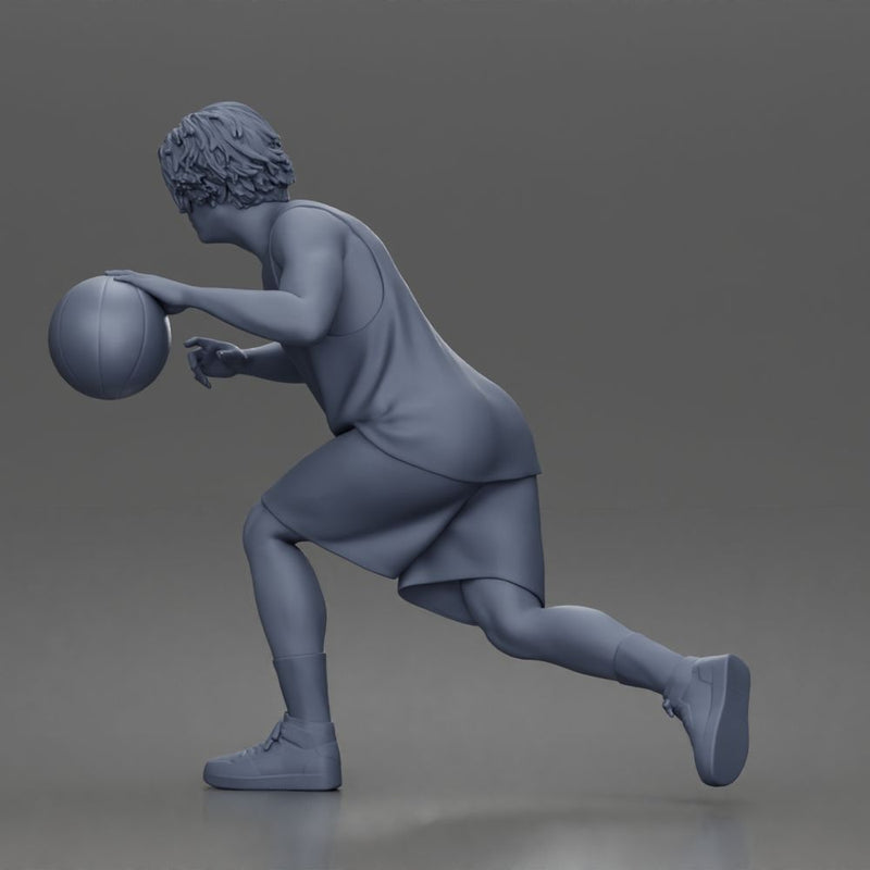 Basketball player drives forward dribbling ball wearing sleeveless jersey shorts socks sneakers - Only-Games