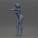 Woman with short black hair wearing pink swimsuit raising arms - Only-Games