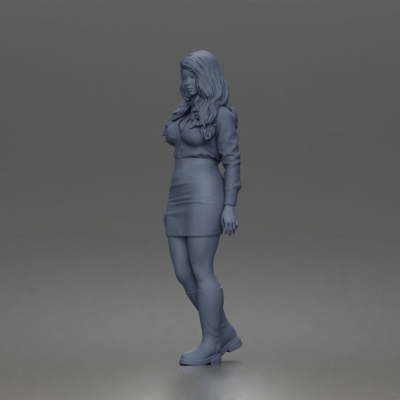 Standing Woman In Collared Shirt Mini Skirt Knee High Boots - Only-Games