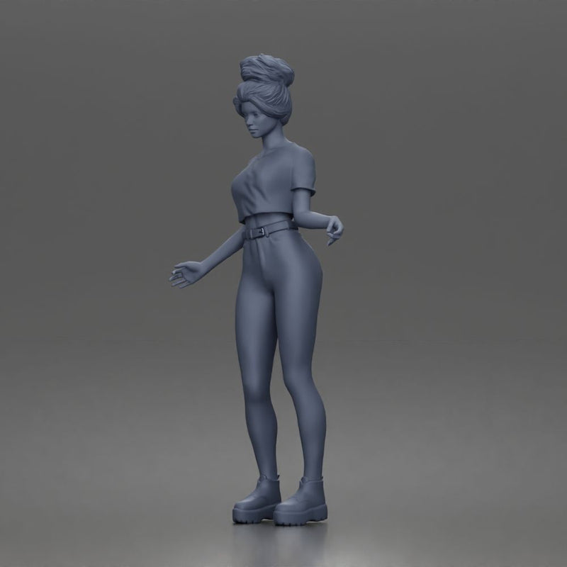 Casual young woman character standing pose in t-shirt jeans boots outfit - Only-Games