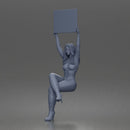 Woman Holding Blank Sign Overhead Seated Pose Crop Top Leggings Thigh High Boots