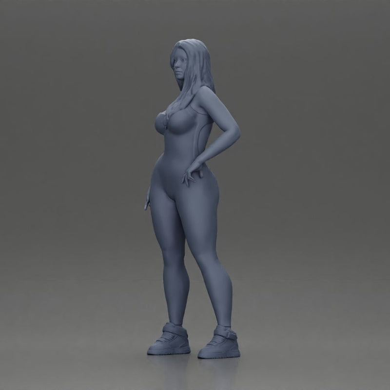 woman in red bodysuit striking a fashionable pose with sneakers - Only-Games