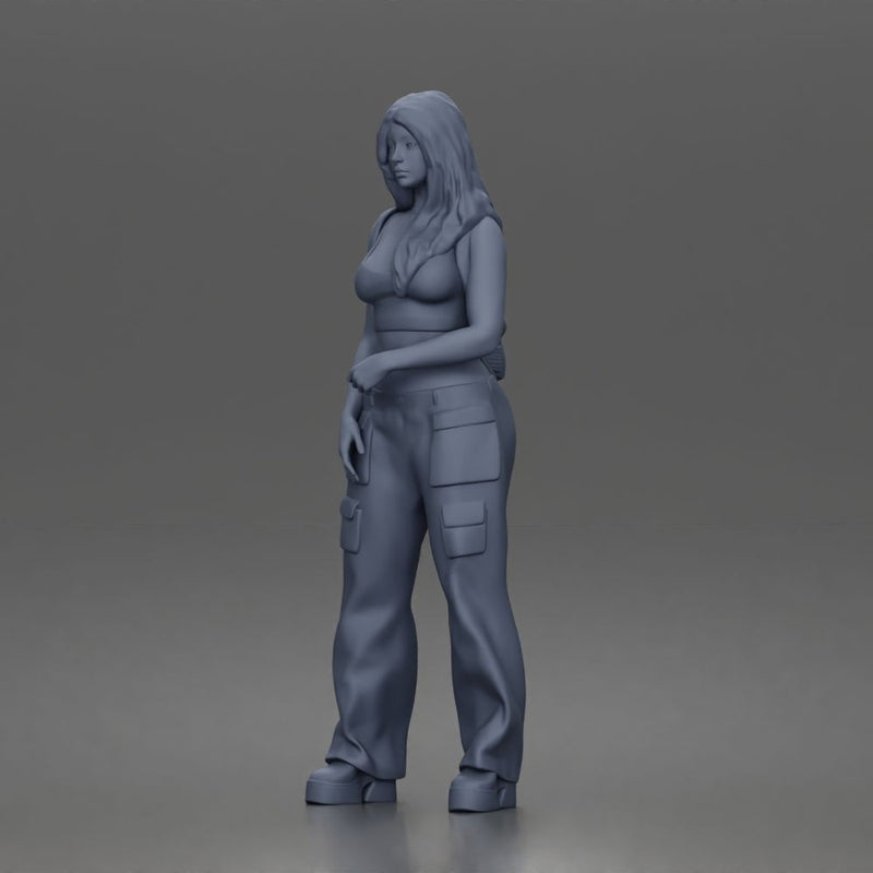Woman strolls wearing crop top cargo pants bunny backpack sneakers - Only-Games