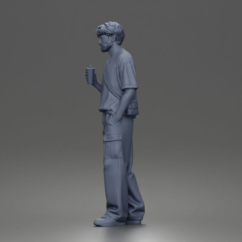 Casual Coffee Drinker Posing with Shoulder Bag Cargo Pants Sneakers