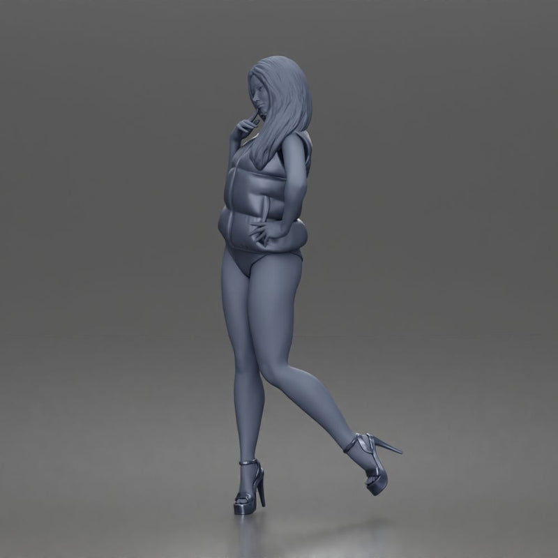 Woman poses flirtatiously wearing puffer vest bikini bottoms heeled sandals - Only-Games