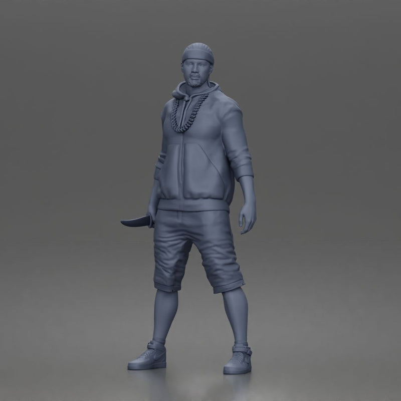 gangster stands holding knife wearing hoodie shorts sneakers chain headband - Only-Games