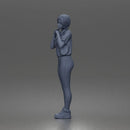 Shy casual woman standing pose in t shirt leggings sneakers - Only-Games