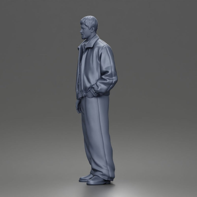 Standing In Leather Jacket Button Shirt Loose Trousers And Shoes