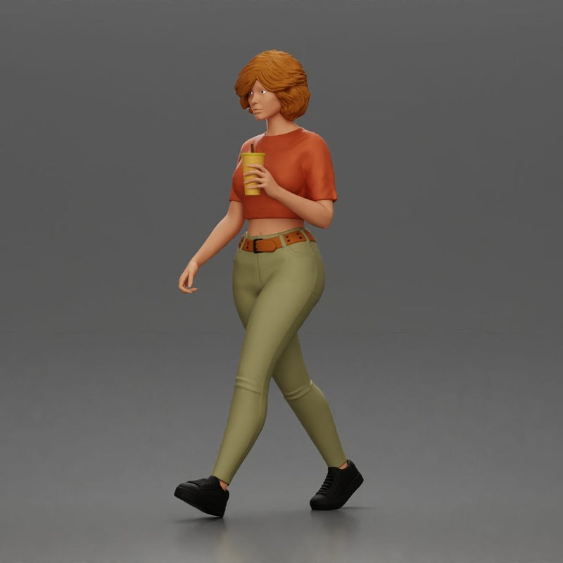 Woman strolls sipping beverage wearing crop top belted pants sneakers - Only-Games