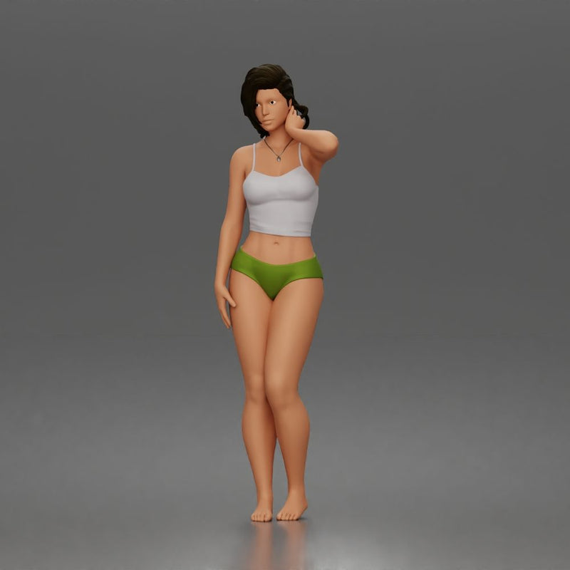 Relaxed casual woman character standing pose in tank top underwear - Only-Games