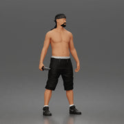 gangster stands holding knife wearing shorts sneakers headband - Only-Games