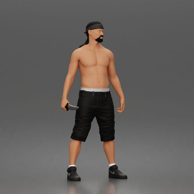 gangster stands holding knife wearing shorts sneakers headband - Only-Games
