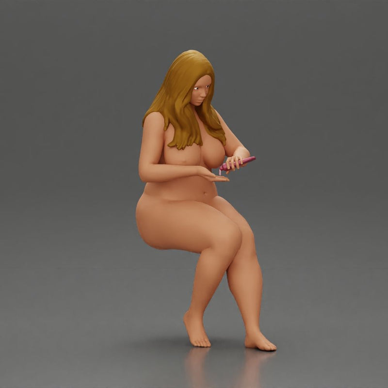 Naked Blonde woman sitting applies hand cream - Only-Games