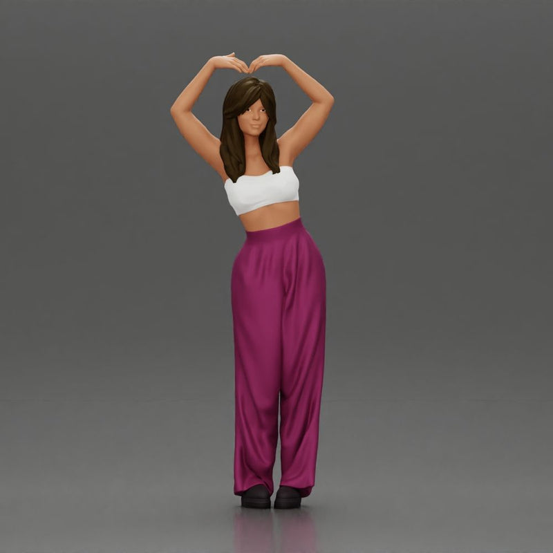 woman striking a heart-shaped pose with joyful energy - Only-Games