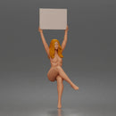 Naked Woman Holding Blank Sign Overhead Seated Pose