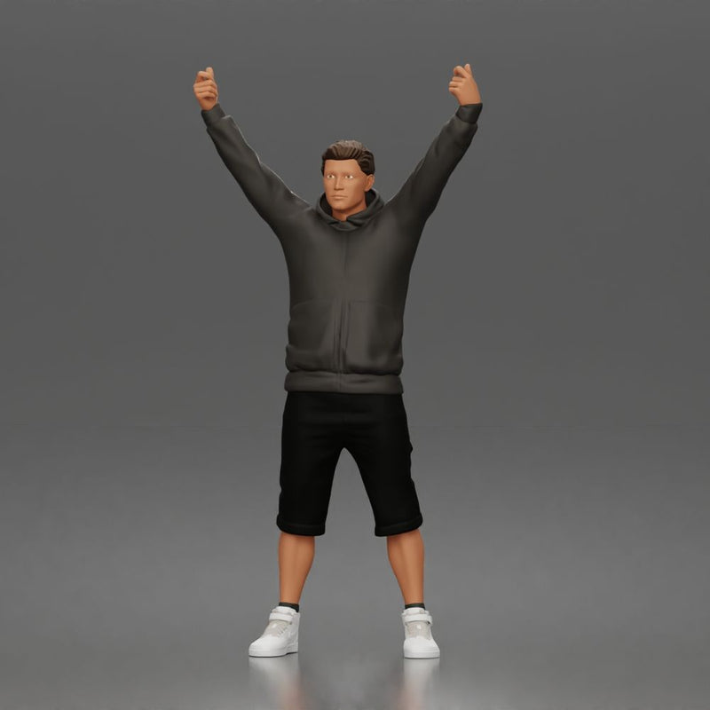 Casual protester holding blank banner wearing hoodie shorts and sneakers - Only-Games