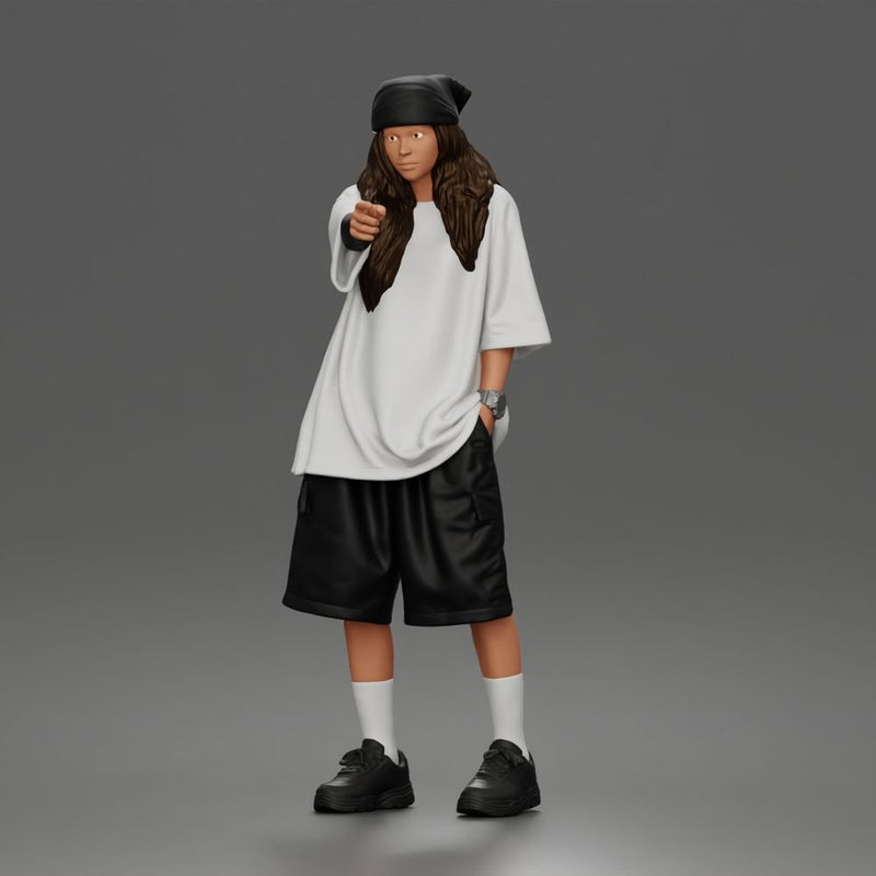 Standing Pointing In Baggy Tee Shorts Long Socks Sneakers Beanie