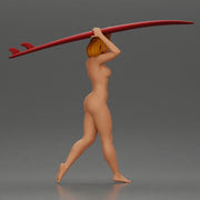 naked woman in carrying a red surfboard on her shoulders - Only-Games