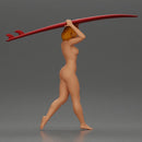 naked woman in carrying a red surfboard on her shoulders - Only-Games