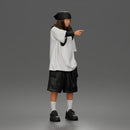 Standing Pointing In Baggy Tee Shorts Long Socks Sneakers Beanie