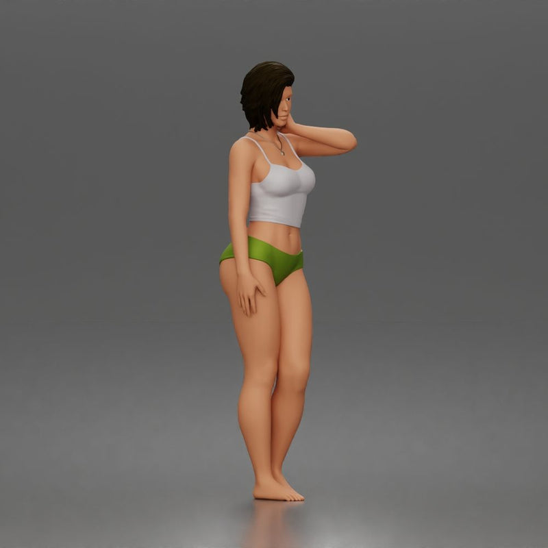 Relaxed casual woman character standing pose in tank top underwear - Only-Games