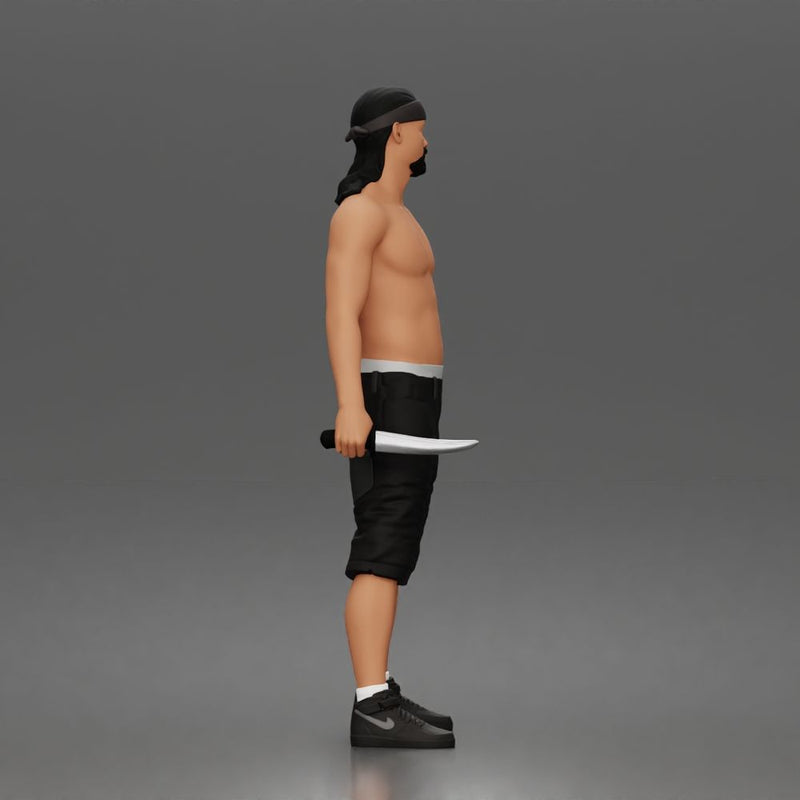 gangster stands holding knife wearing shorts sneakers headband - Only-Games