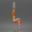 Naked Woman Holding Blank Sign Overhead Seated Pose