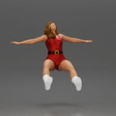 Woman in red outfit stretching arms wide while sitting on motorcycle - Only-Games